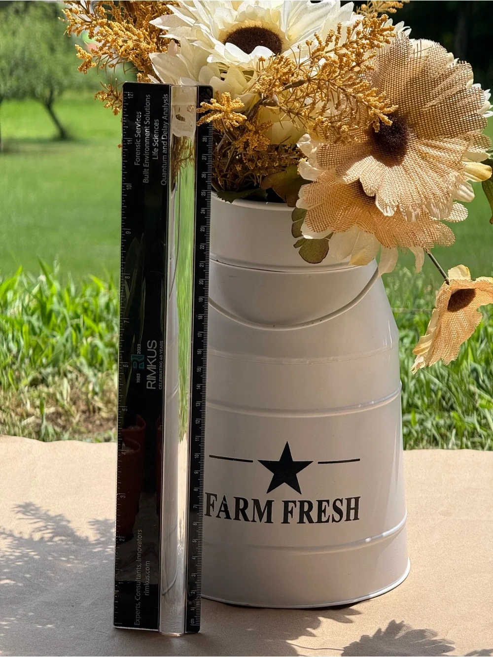 Farm Fresh White Metal Pitcher Vase with Artificial Flowers